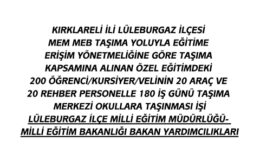 KIRKLARELİ İLİ LÜLEBURGAZ İLÇESİ MEM MEB TAŞIMA YOLUYLA EĞİTİME ERİŞİM YÖNETMELİĞİNE GÖRE TAŞIMA KAPSAMINA ALINAN ÖZEL EĞİTİMDEKİ 200 ÖĞRENCİ/KURSİYER/VELİNİN 20 ARAÇ VE 20 REHBER PERSONELLE 180 İŞ GÜNÜ TAŞIMA MERKEZİ OKULLARA TAŞINMASI İŞİ LÜLEBURGAZ İLÇE MİLLİ EĞİTİM MÜDÜRLÜĞÜ- MİLLİ EĞİTİM BAKANLIĞI BAKAN YARDIMCILIKLARI