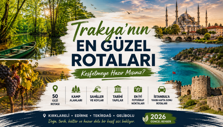 Trakya'nın en güzel gezi rotalarını gösteren görsel; Kırklareli, Edirne, Tekirdağ ve Gelibolu'ndaki doğal ve tarihi gezilecek yerler