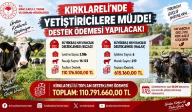 Kırklareli’nde Yetiştiricilere Müjde! Destek Ödemesi Yapılacak!